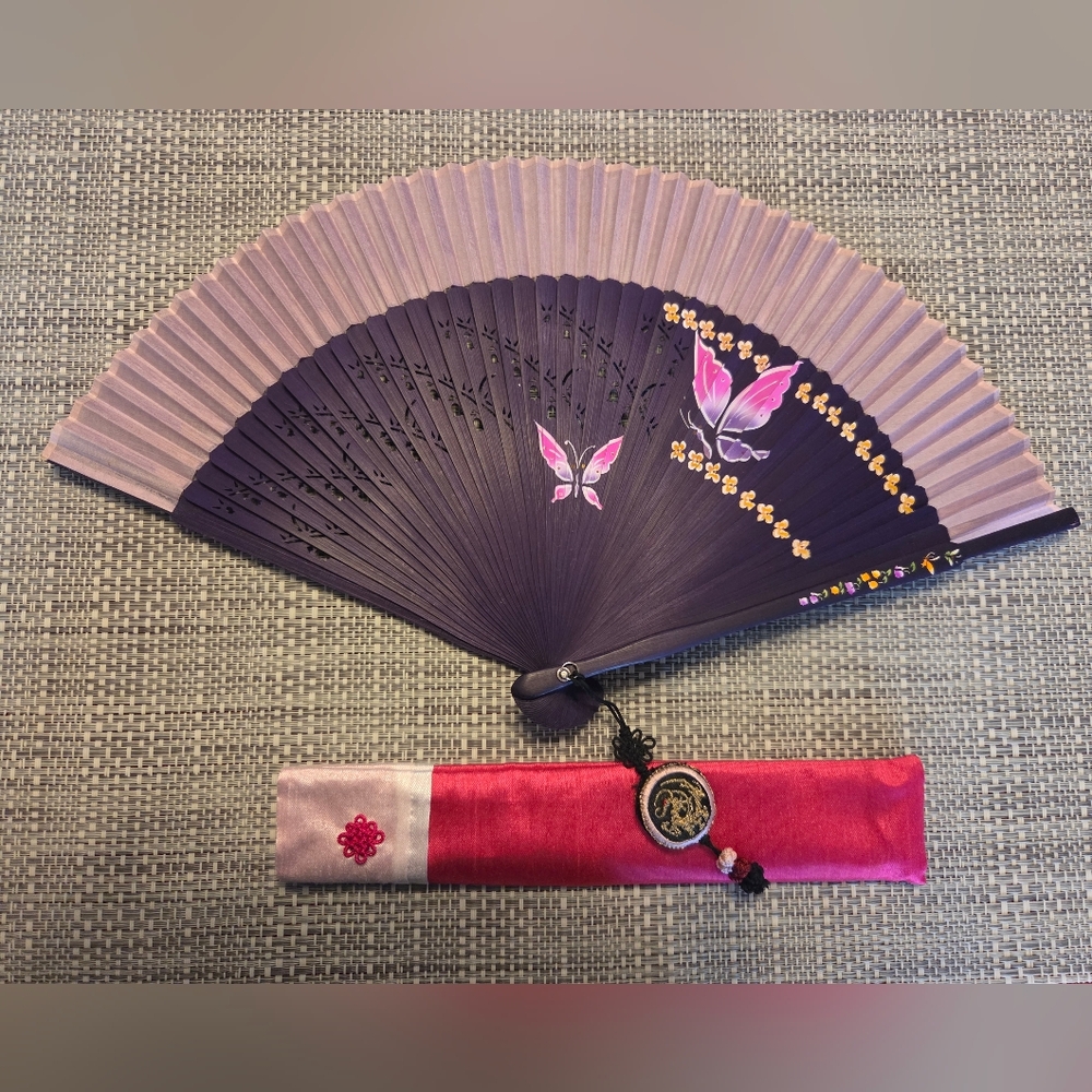 Purple Bamboo Hand Fan with Butterflies and Holding Case